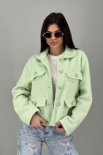 Дамско палто с релефна текстура и джобове в светло зелено 