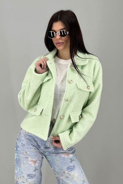 Дамско палто с релефна текстура и джобове в светло зелено 