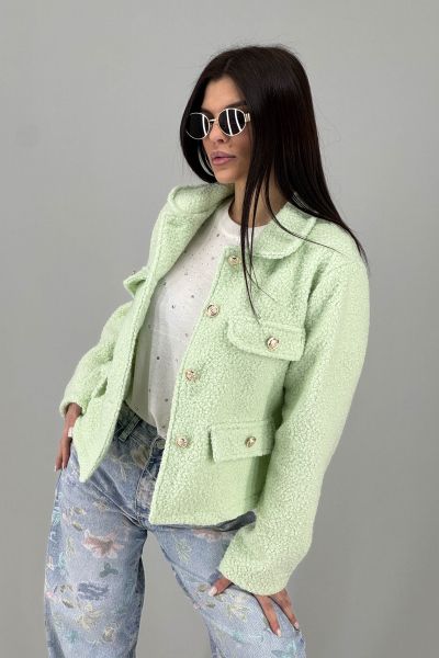 Дамско палто с релефна текстура и джобове в светло зелено 