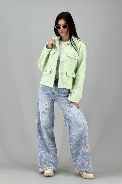 Дамско палто с релефна текстура и джобове в светло зелено 