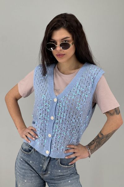 Дамски елек плетиво в светло синьо