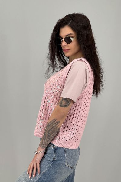 Дамски елек плетиво в цвят пудра