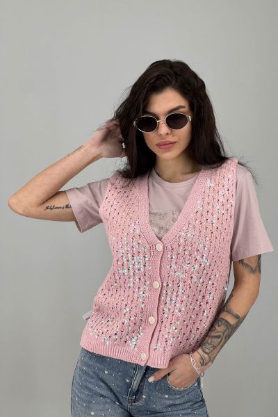 Дамски елек плетиво в цвят пудра