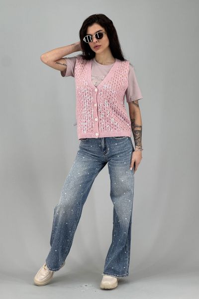 Дамски елек плетиво в цвят пудра