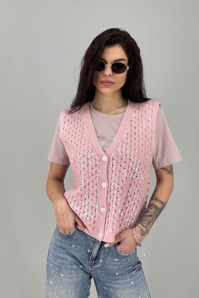 Дамски елек плетиво в цвят пудра