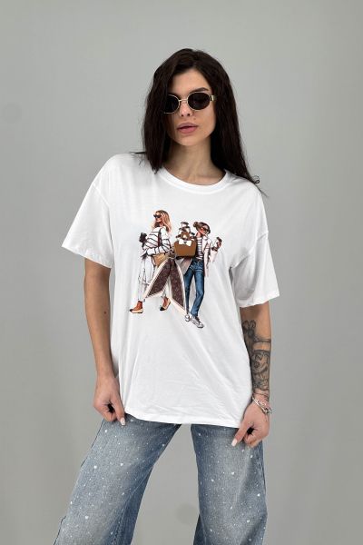 Дамска тениска в илюстративен моден принт