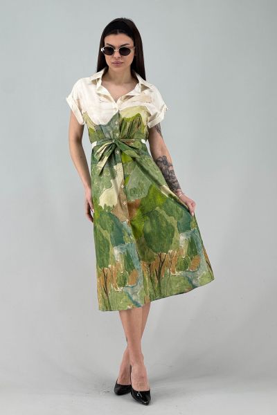 Рокля в екрю и зелено