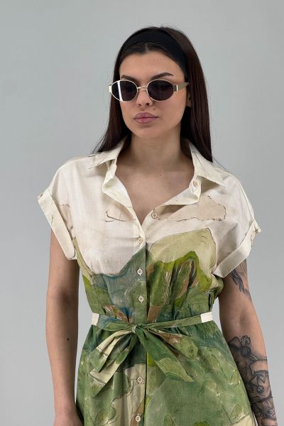 Рокля в екрю и зелено